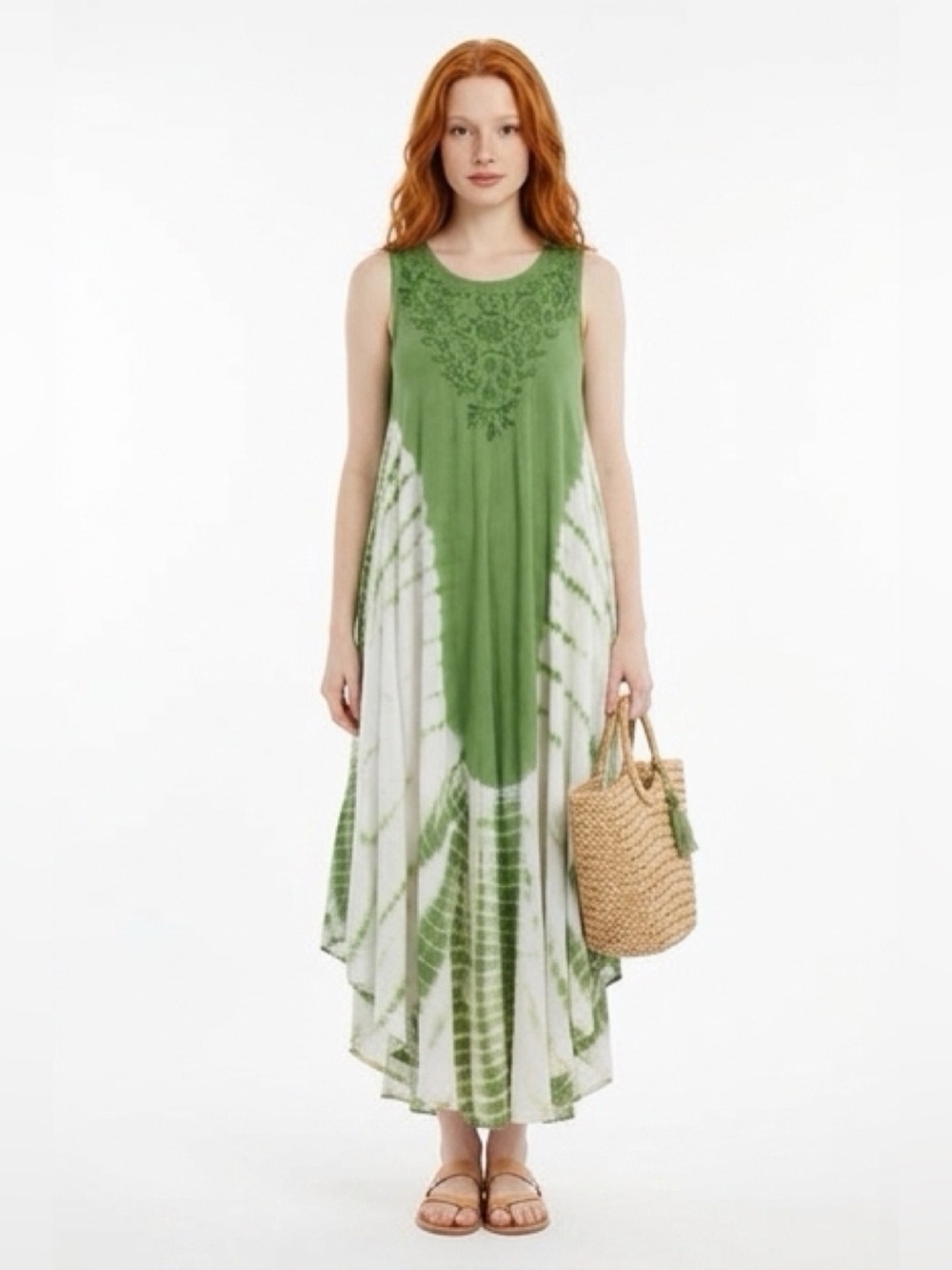 70s Vintage Abstract Tie Dye Embroidered Asymmetrical Maxi Dress Green/White S/M